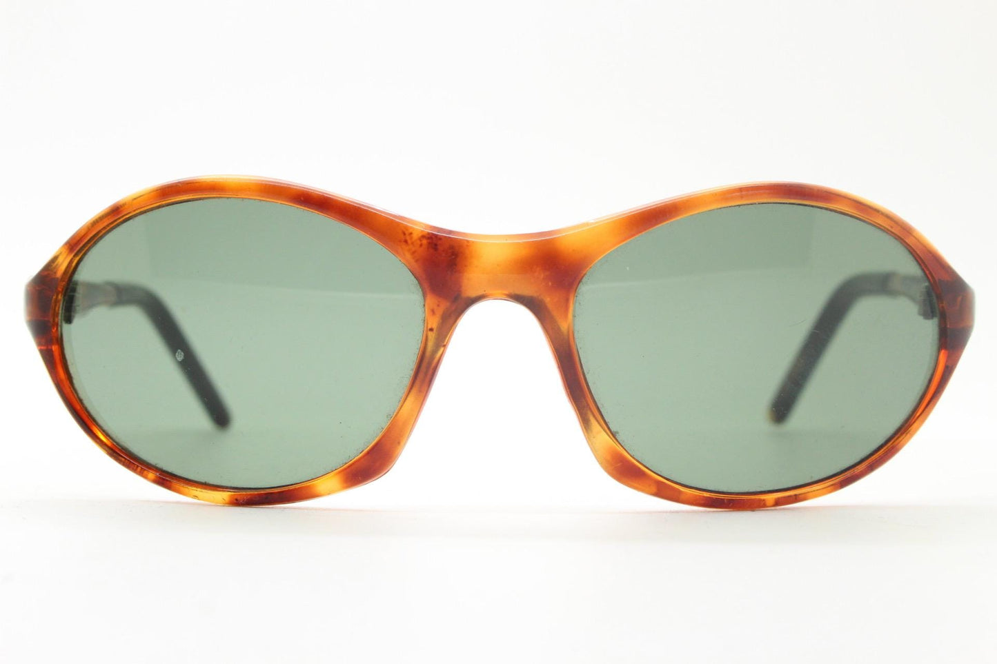 90s vintage oval small bug eye sunglasses. Tortoise gloss frame with quality real green glass lenses