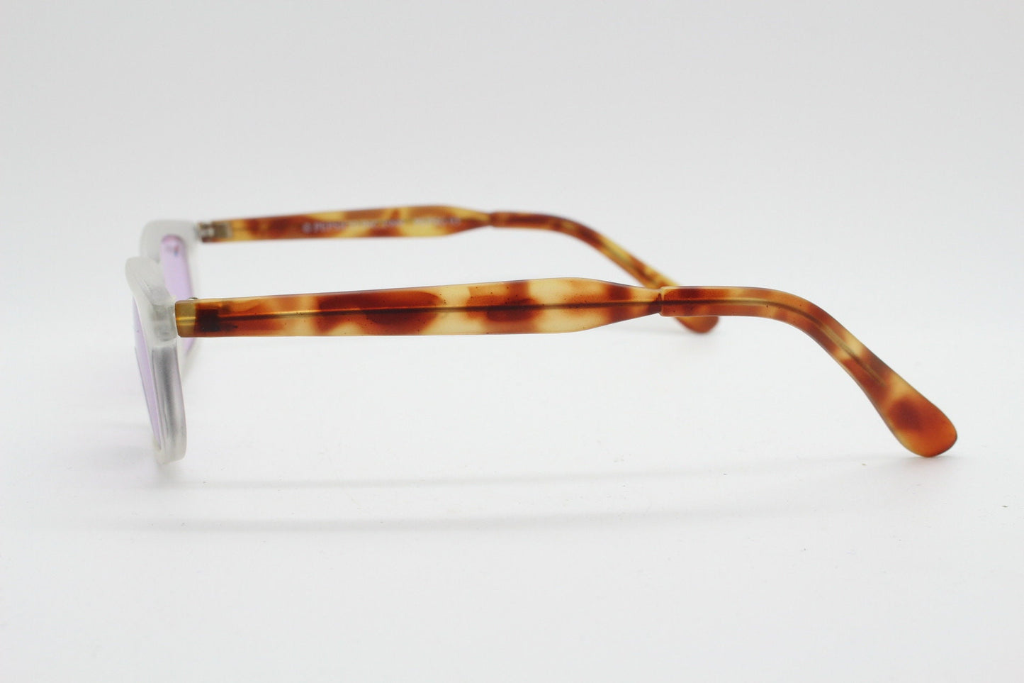 Pepsi 90s vintage sunglasses. Low profile rectangular frosted frame with tortoise arms and extra light tone purple lenses. Unused NOS