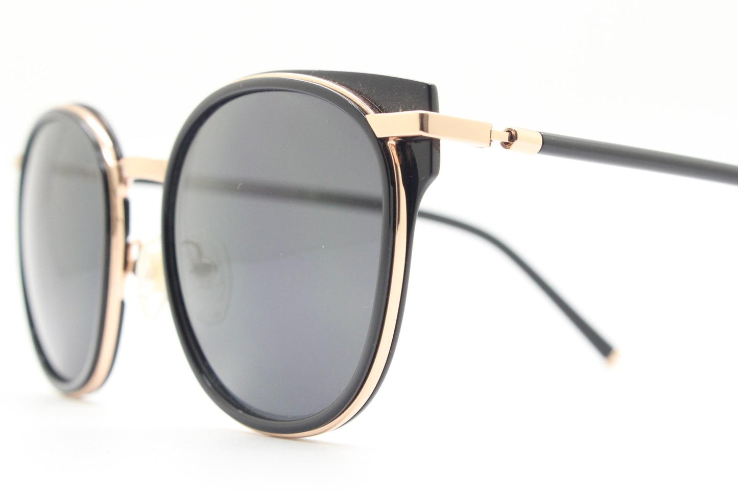 Carin round cat eye sunglasses, Gold metal frame with black cateye insets and matched dark tone lenses and slender arms