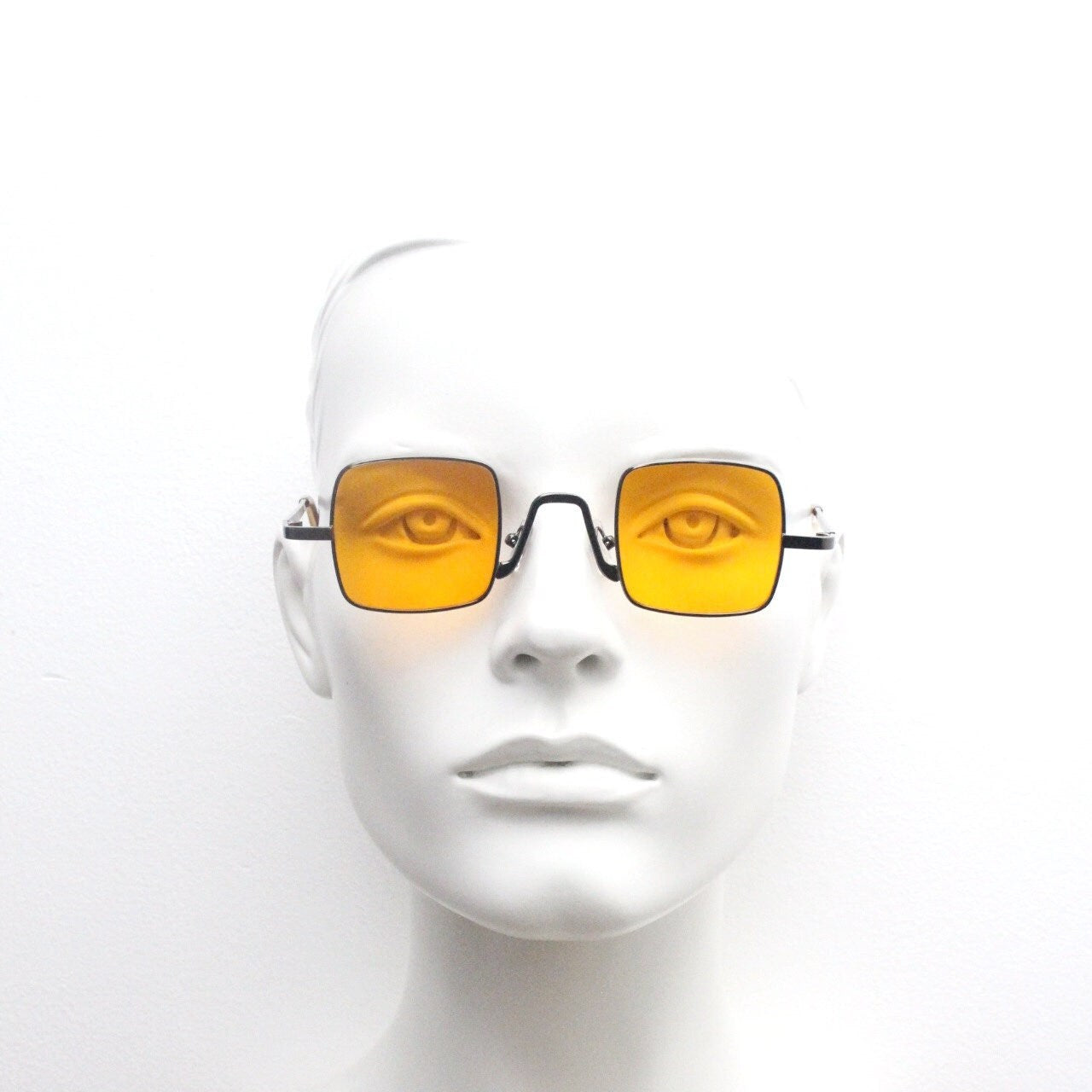 90s vintage small square sunglasses. Imposing minimal bronze brown metal Victorian style frame with blazing orange lenses. Steampunk. NOS