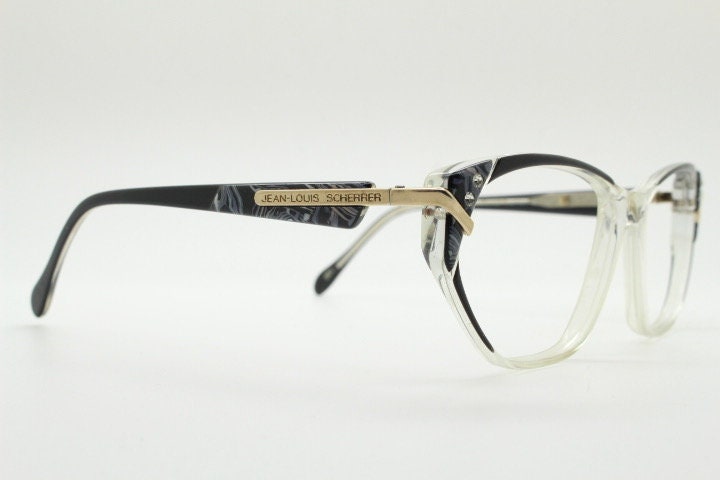 Jean Louis Scherrer 80s vintage cat eye glasses made in France. marbled grey / clear acetate optical frame. Diamante RX prescription cateye