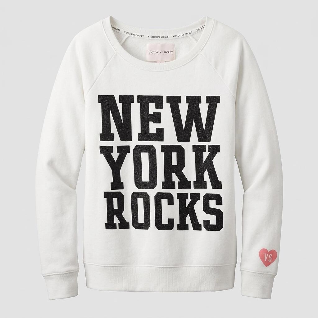 Victorias Secret white sweatshirt. "New York Rocks" print on long sleeve round neck sweater. Womens crew neck pullover