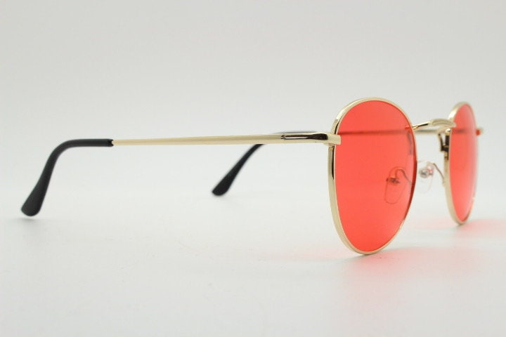 90s vintage round metal sunglasses, 60s style gold frame with blazing red lenses. Unused. Unused NOS Panto