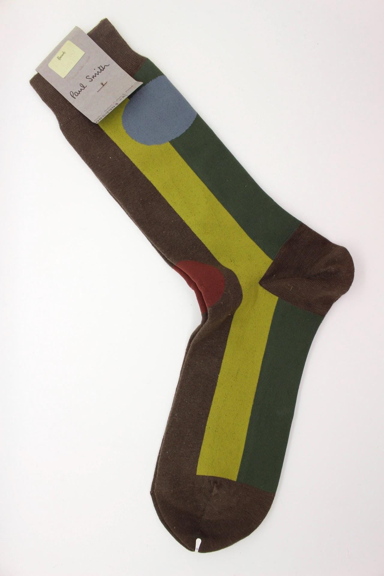 Paul Smith broad striped socks in green, brown and emerald tones with big circles. From the world famous Harrods store. Vintage NOS. BNWT