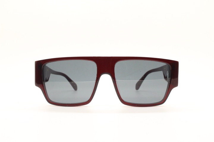 Kaleos square flat top sunglasses. Deep burgundy gloss acetate chunky frame with fat arms. New Old Stock