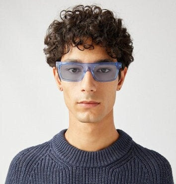 Kaleos rectangular flat top sunglasses. Bright sky blue acetate chunky frame with same colour lenses. BNWOT