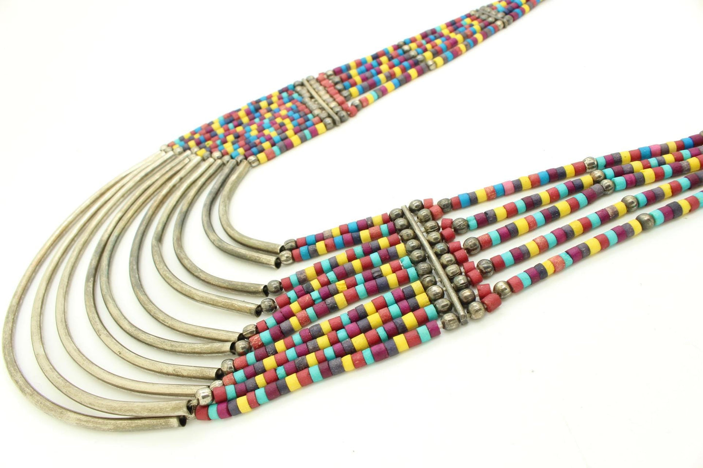 Y2K vintage massive statement Masai style beaded chain necklace. Multi coloured beads with concentric semi circle metal crescents. NOS