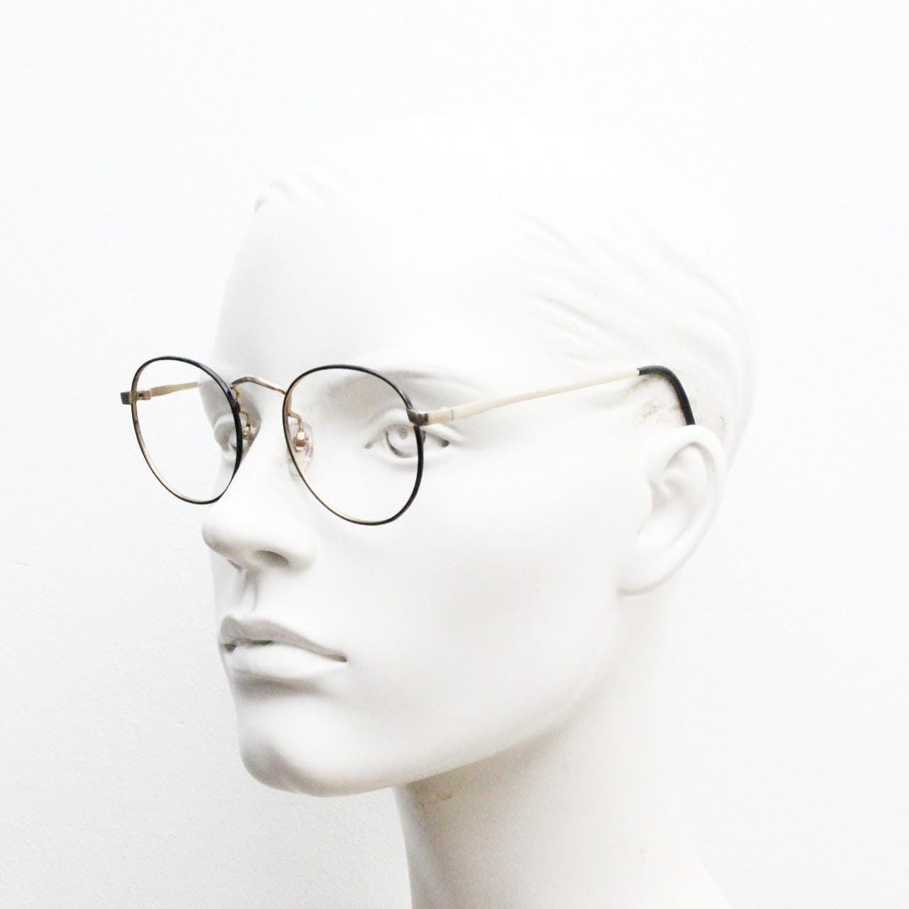 80s vintage round panto metal eye glasses. Minimal gold optical frame with sharp black front. Prescription eyeglasses. RX spectacles