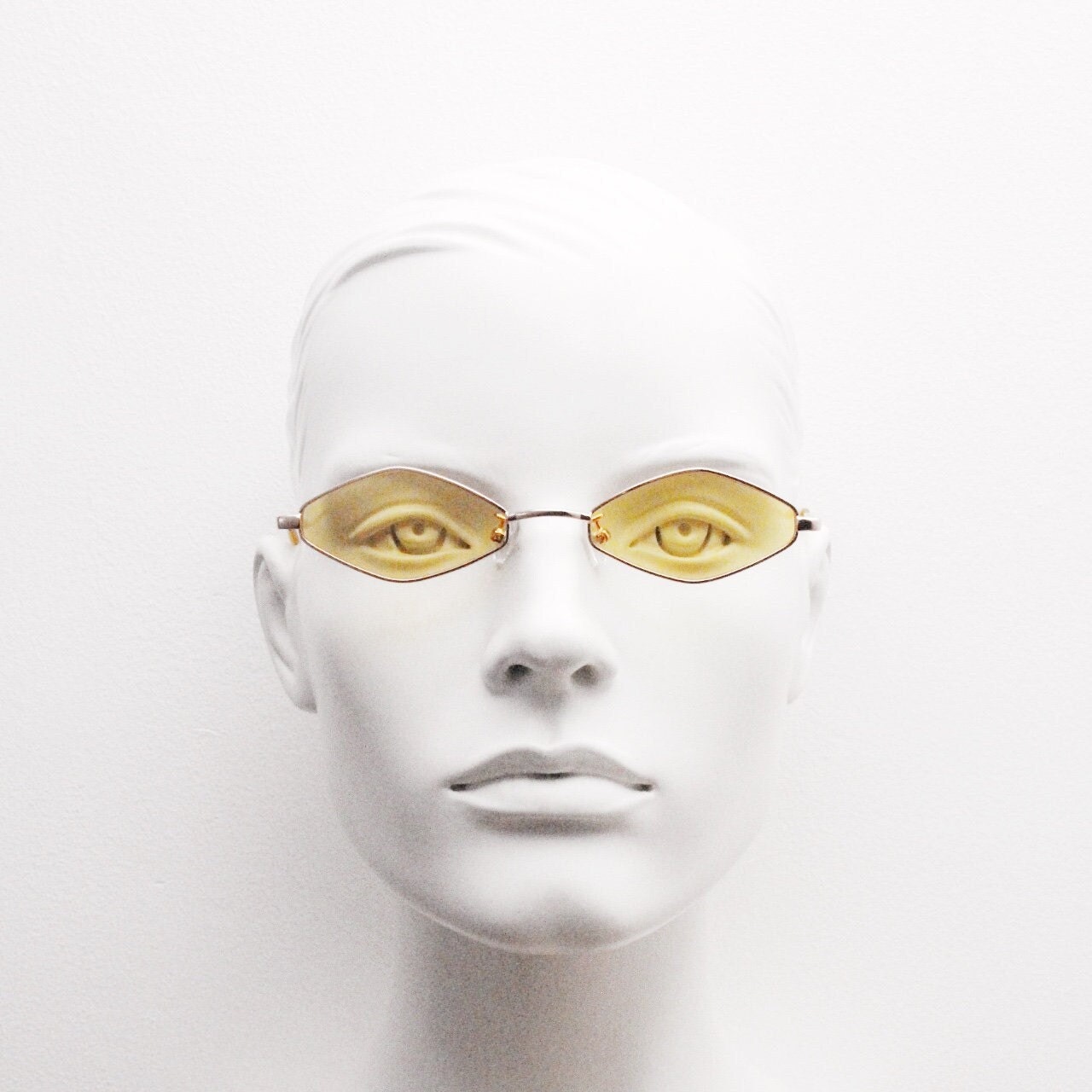 90s vintage small diamond sunglasses. Minimal gold psychedelic mod style frame with bright yellow lenses. Unused BNWT