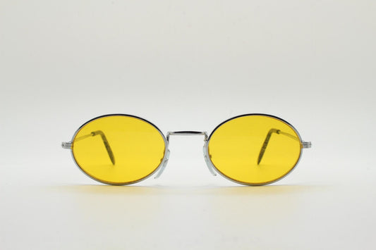 90s vintage small oval sunglasses. Minimal slender silver chrome metal frame with blazing orange lenses. Micro. Steampunk. Cosplay. NOS