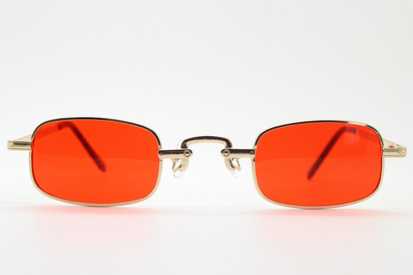 90s vintage small rectangular sunglasses. Imposing minimal gold metal victorian style frame with deep red lenses. Unused BNWT