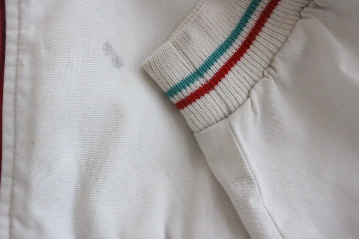 Gabicci Concept Design 80s vintage zip bomber jacket in white with green and red mirror image stripe details. Mens round neck. Cult casuals