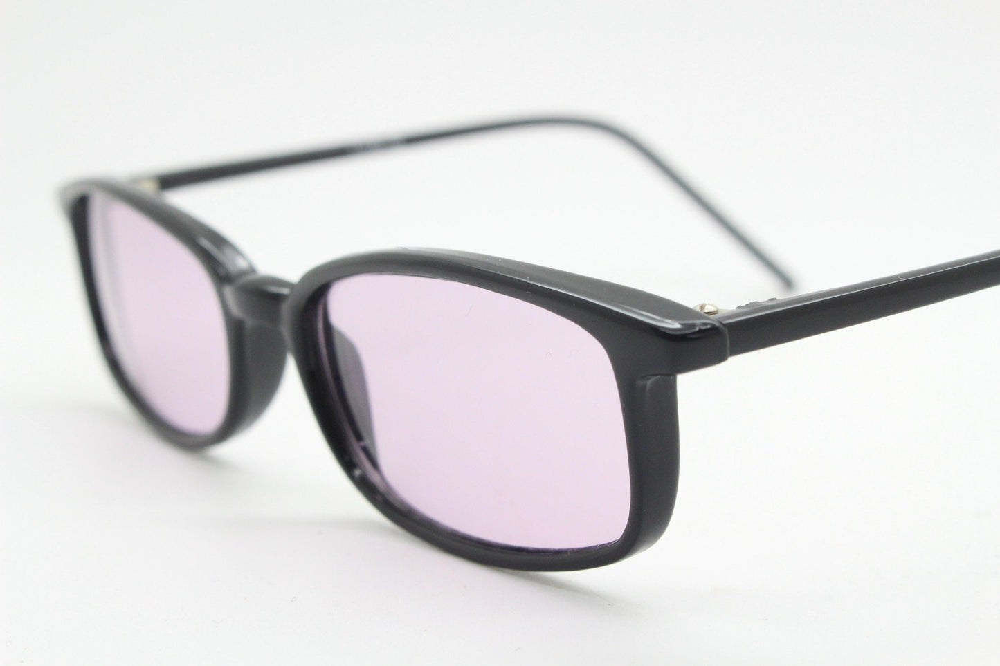 90s vintage rectangular sunglasses. Slim low profile black gloss frame with extra light tone lilac purple lenses. Y2K 2000s. BNWT Unused NOS