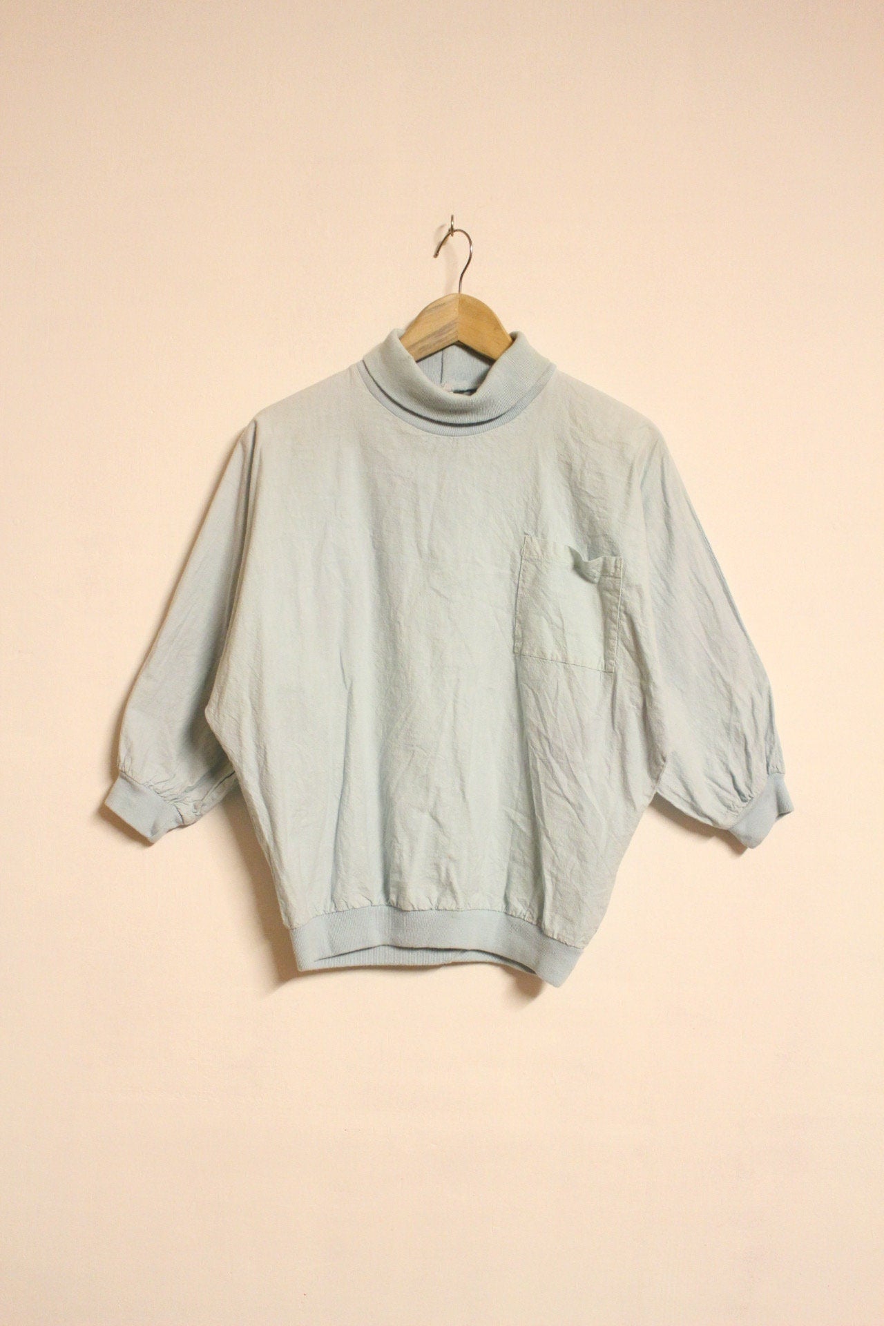80s Vintage pastel green pullover. 3 quarter sleeve polo neck jumper. Womens sweatshirt. Made in England