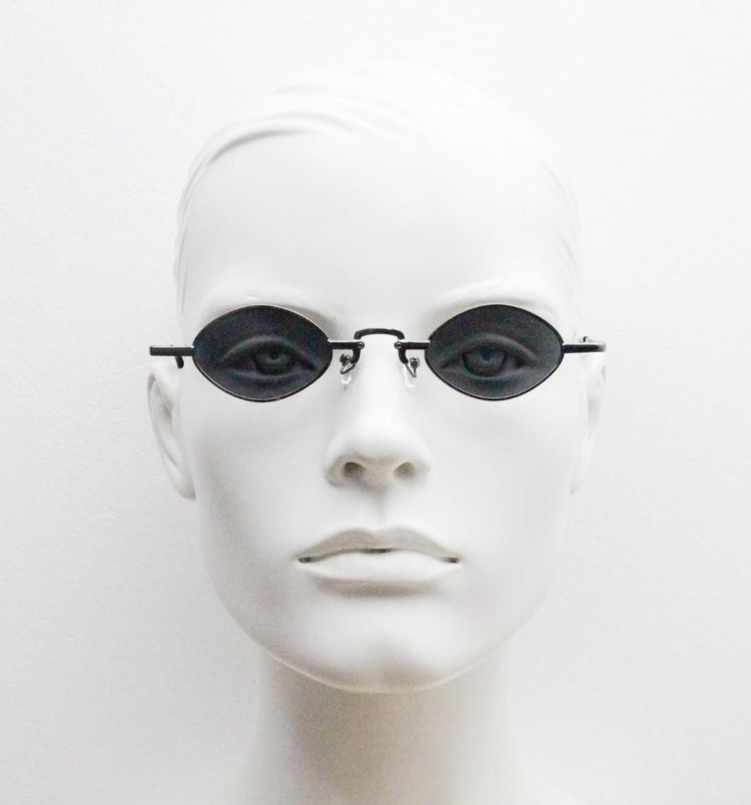 90s vintage small oval sunglasses. Imposing minimal gunmetal grey metal victorian style frame with black lenses. Steampunk. Unused BNWT