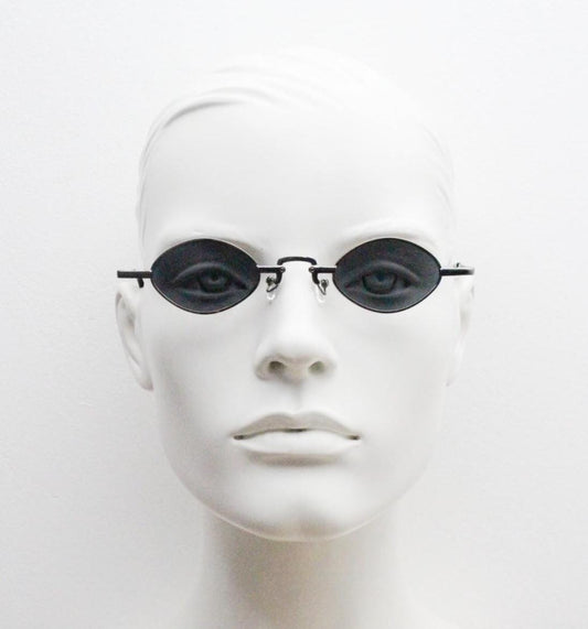 90s vintage small oval sunglasses. Imposing minimal gunmetal grey metal victorian style frame with black lenses. Steampunk. Unused BNWT