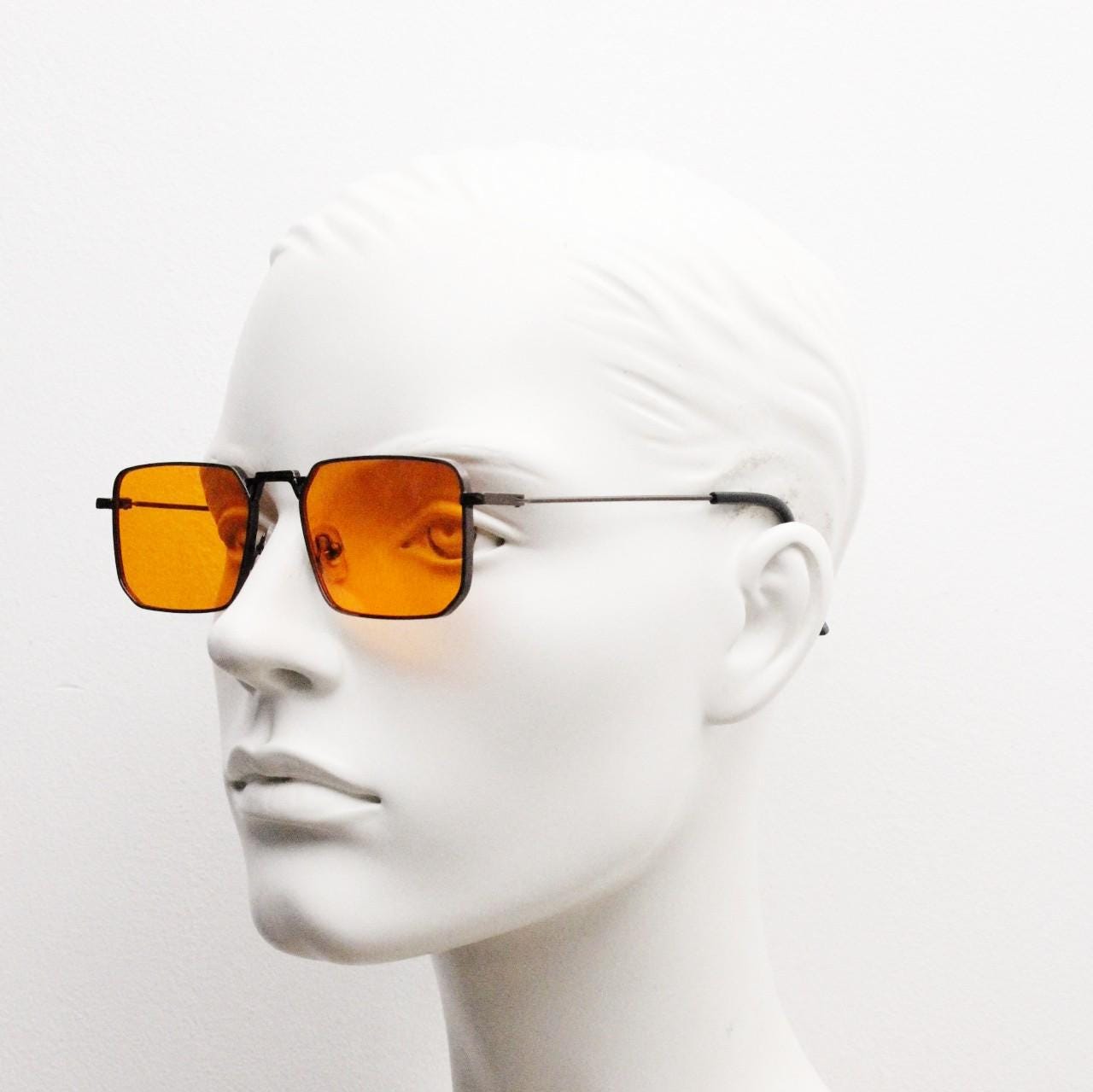 90s vintage angular 6 sided sunglasses. Brown chrome metal frame with blazing flat orange lenses. Rectangular psychedelic sunnies. BNWT
