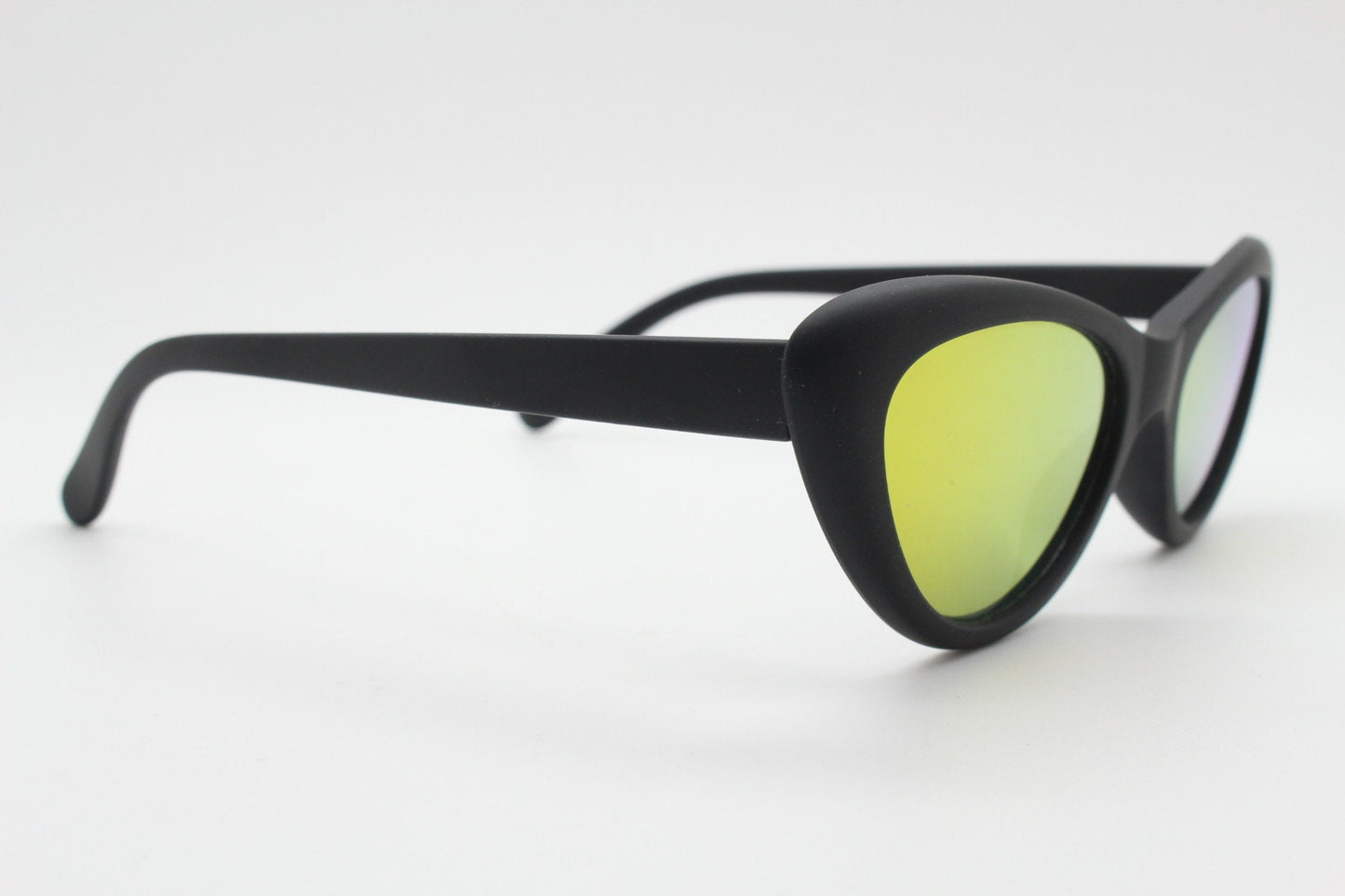 Vintage 90s oval cat eye sunglasses. Womens black rubber finish cat eye frame with gold mirror lenses. Rockabilly cats eye. Unused NOS