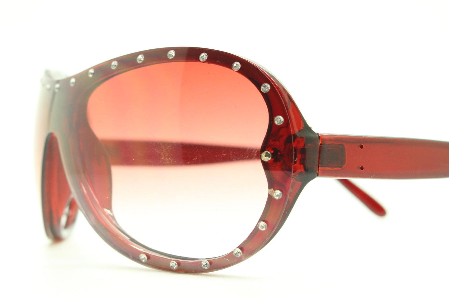 Y2K vintage visor aviator sunglasses with diamante. Red wrap around mini mask shield design with curved mono lens. 2000s NOS. Rhinestone