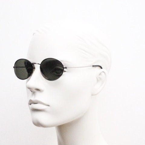 90s vintage metal oval sunglasses. Minimal brushed bronze finish brown frame with plain green lenses. Steampunk. Unused NOS