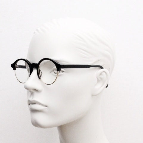 Kaleos round half frame eye glasses. Black gloss acetate browline optical frames with gold underwire. Prescription eyeglasses. RX