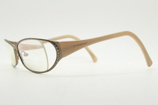 Givenchy eye glasses in brown chrome with beige acetate arms and gold diamante detail. Rhinestone optical frames. Prescription eyeglasses RX