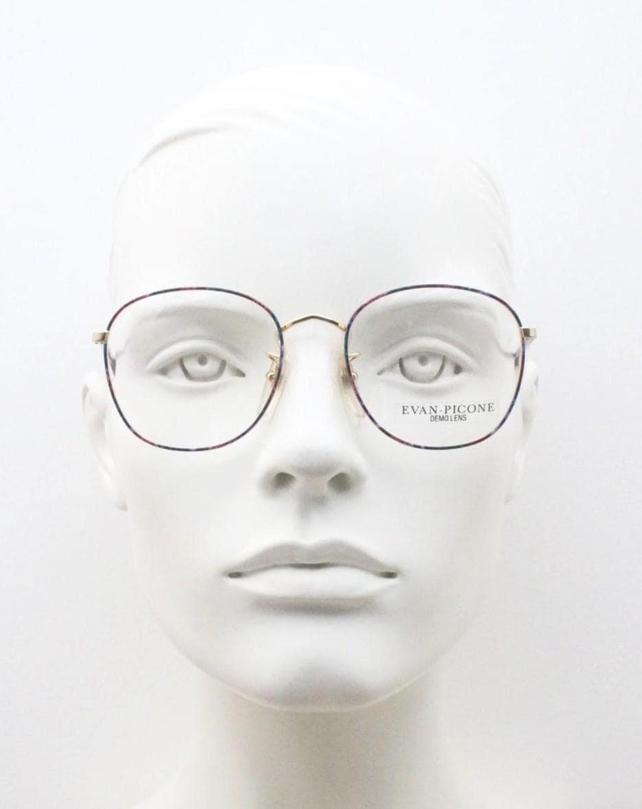 Evan Picone 80s vintage round panto metal eye glasses made in Italy. Minimal gold optical frame with red marbled pattern. Prescription. NOS