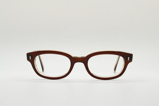 No Name eyewear rectangular low profile eye glasses. Quality brown gloss acetate optical frames. Prescription vintage RX spectacles