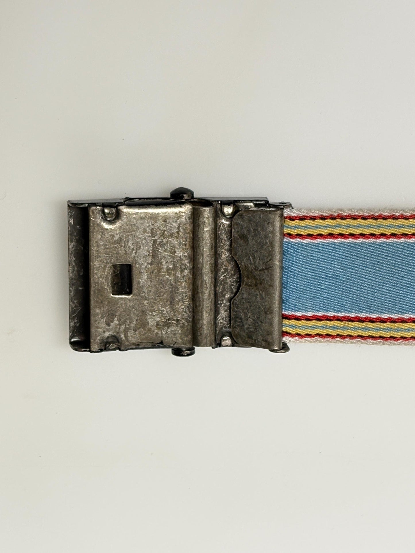 Y2K vintage 2' canvas army style belt in sky blue with red, white and yellow rainbow stripes. 2000s Mens large. Fully adjustable size range