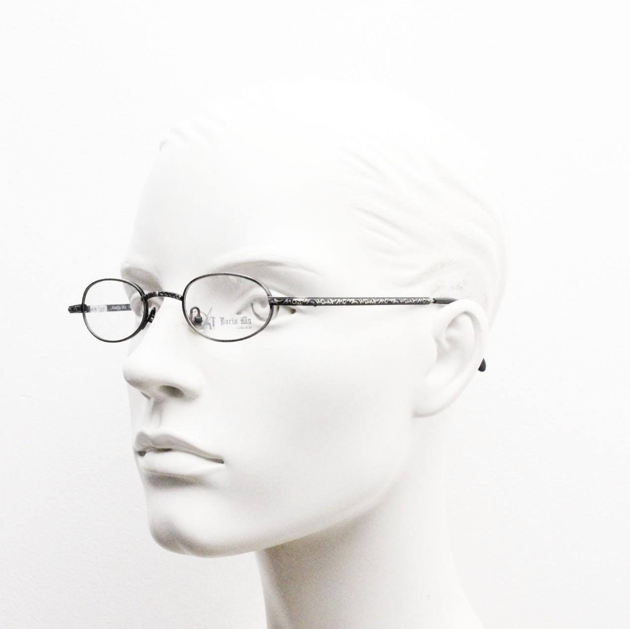 Paris Ma 90s vintage small oval eye glasses. Brushed bronze finish optical frames with ornate details. Prescription steampunk spectacles NOS