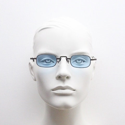 90s vintage small rectangular sunglasses. Imposing minimal gunmetal grey victorian style frame with sky blue lenses. Steampunk. Unused NOS
