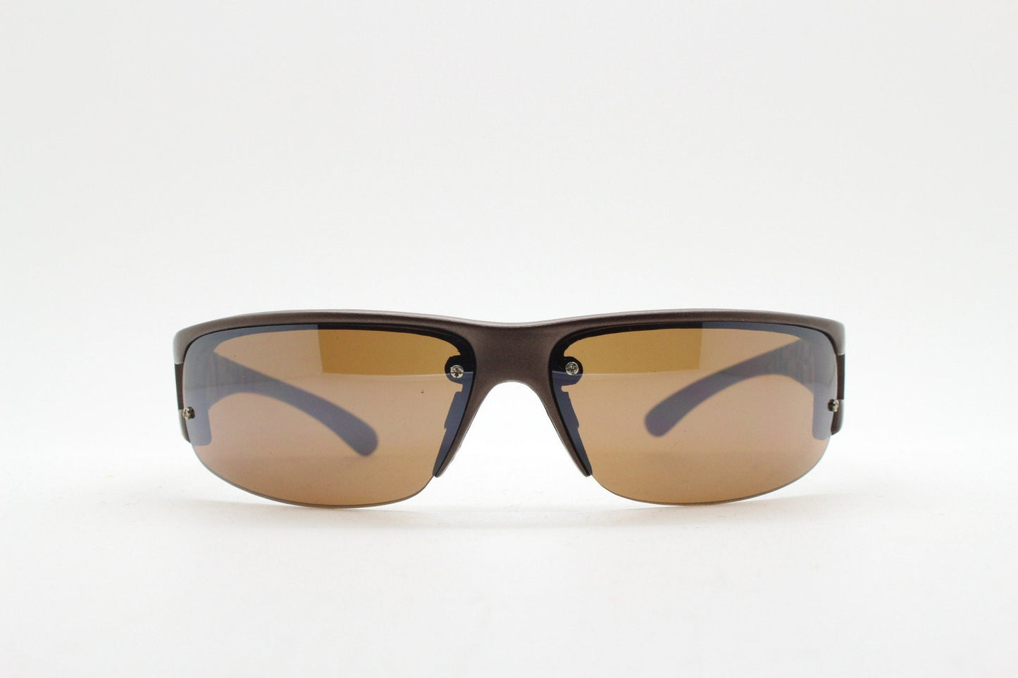 90s vintage visor sunglasses. Brown matt half frame wrap around sports shield with light tone lenses. Mini mask. 2000's. Y2K NOS