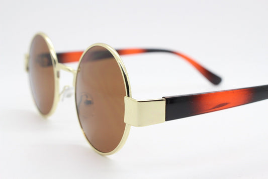 90s round vintage sunglasses. Gold 1920's style frame with tiger pattern arms and brown lenses. Unused. BNWT