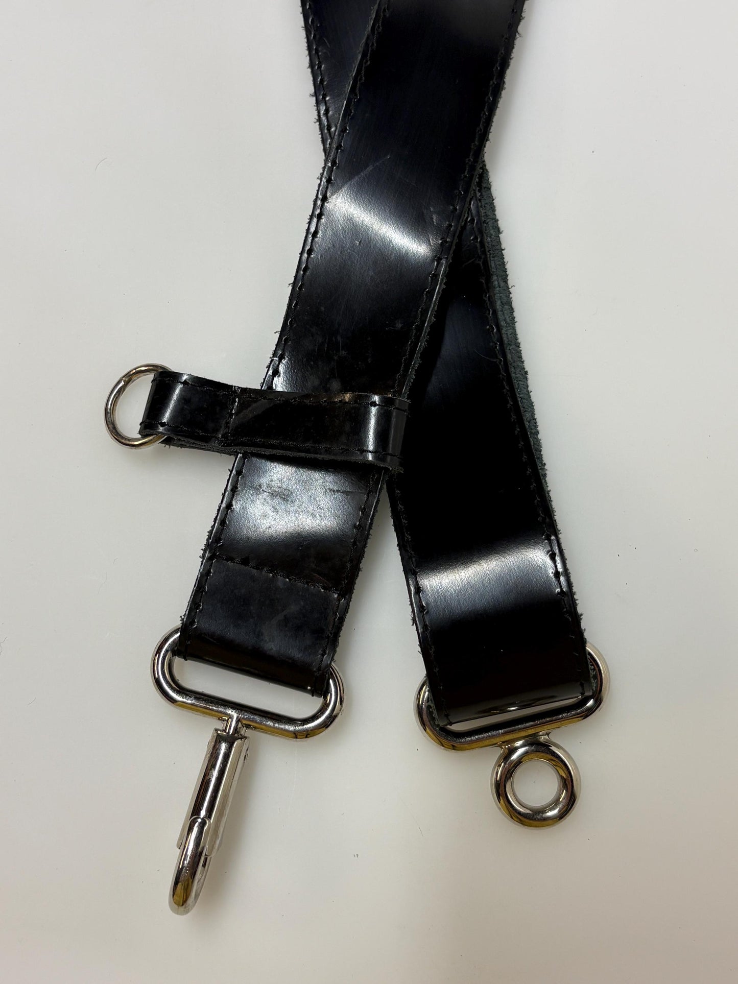 90s vintage womens shiny fetish army style belt made in Italy. Black patent leather with shoulder  strap attachments. Kinky costume. NOS