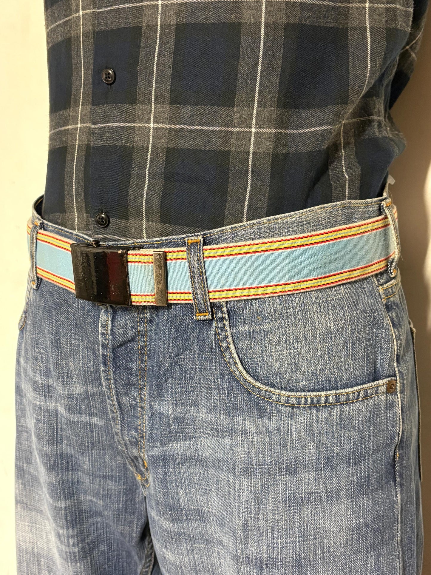 Y2K vintage 2' canvas army style belt in sky blue with red, white and yellow rainbow stripes. 2000s Mens large. Fully adjustable size range