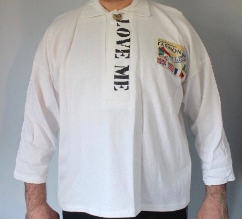 80s Vintage oversized polo shirt with 'LOVE ME' graphic print. Crop sleeve jumper. Unisex sweatshirt. Fashion grail sweater. NOS pullover