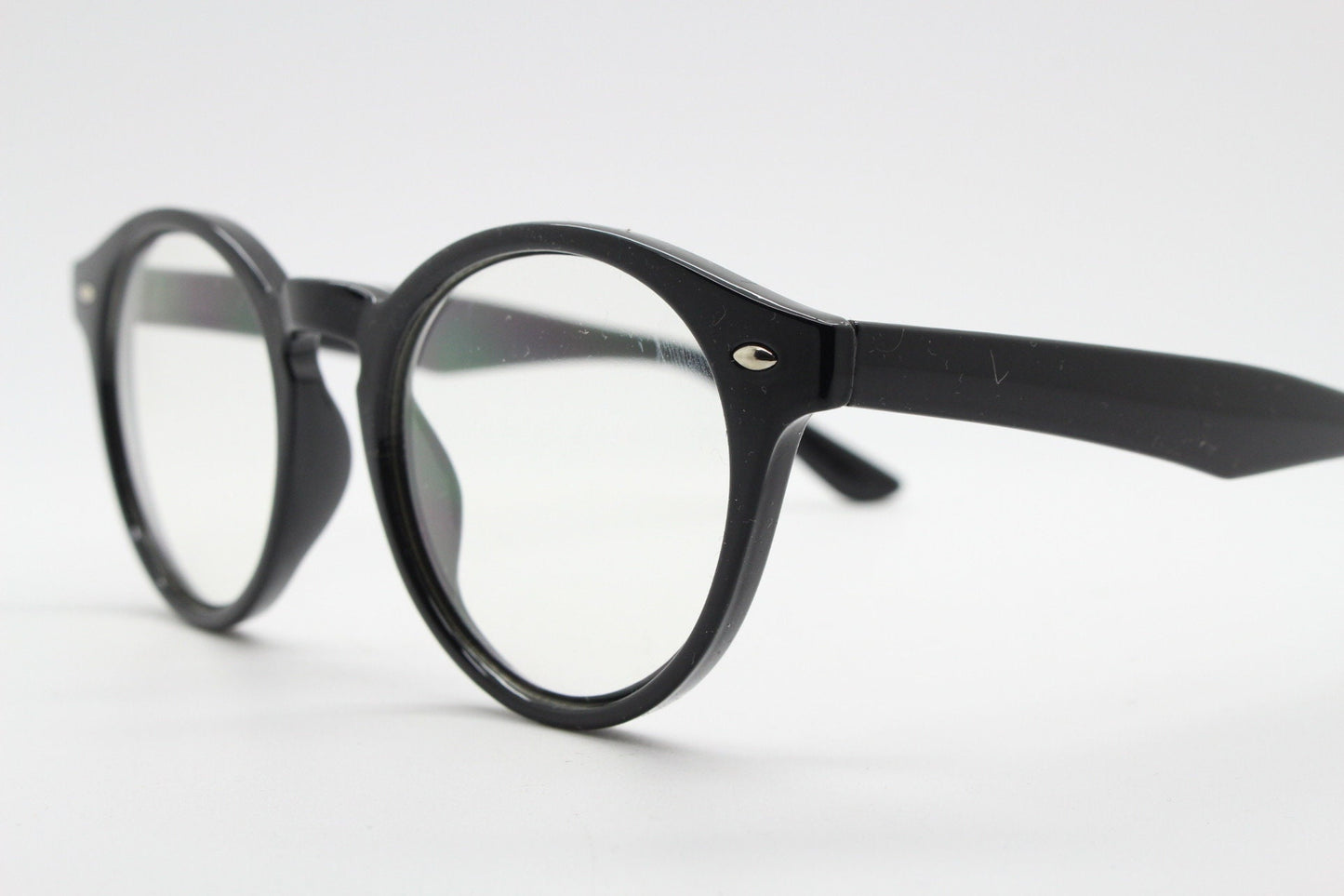 90s vintage black rounded wayfarer style glasses. Black gloss optical frames with clear lenses. Prescription eyeglasses. RX spectacles