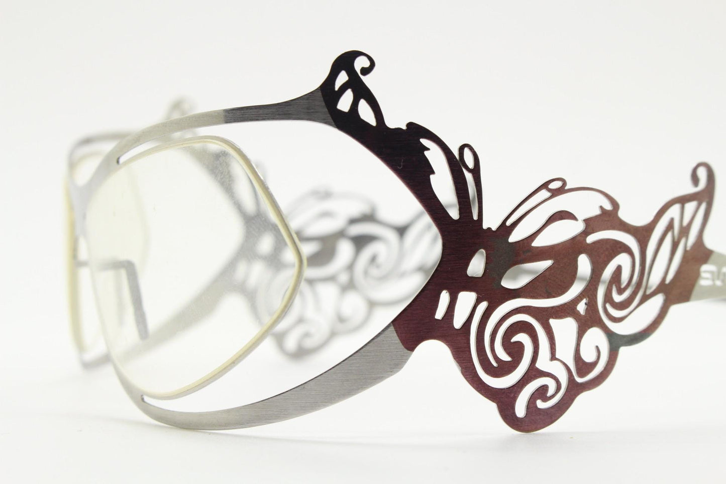 Slav Novosad wearable art eye wear. Design classic in inventive flat 2 tone stainless steel. Radical fashion visor. Fantasy sun glasses