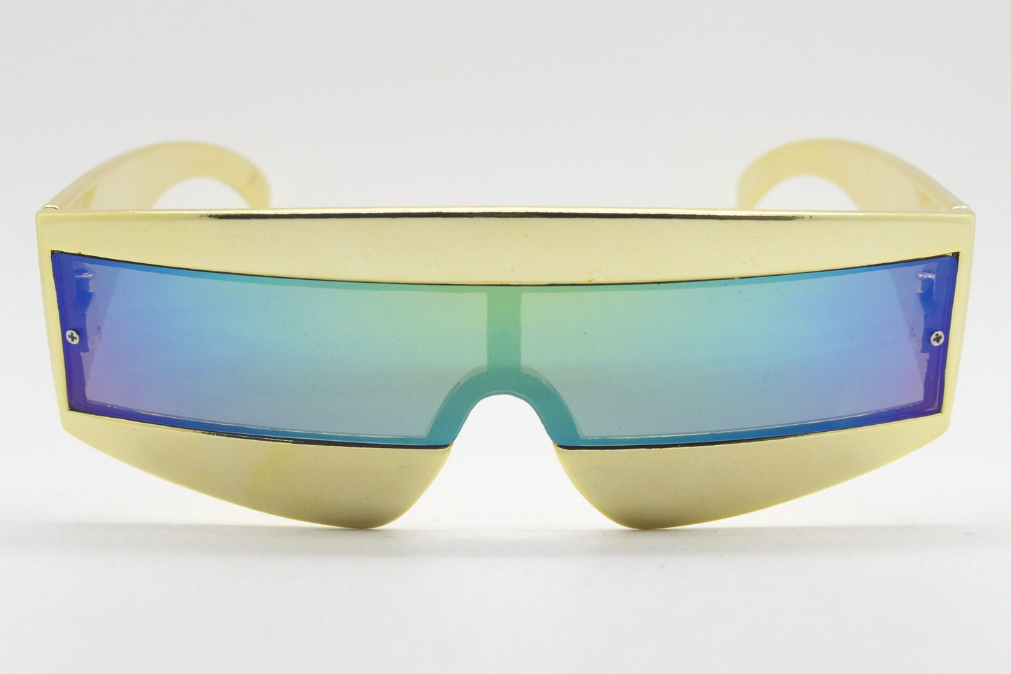 Y2K vintage square visor sunglasses. Gold 80s style robot shield design. Mirror mask mono lens with full height arms. 2000s NOS BNWT