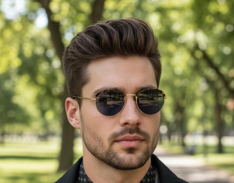 90s round vintage sunglasses. Gold frame with tortoise brows, blue mirror lenses and intricate embossed arm patterns. 1930's style