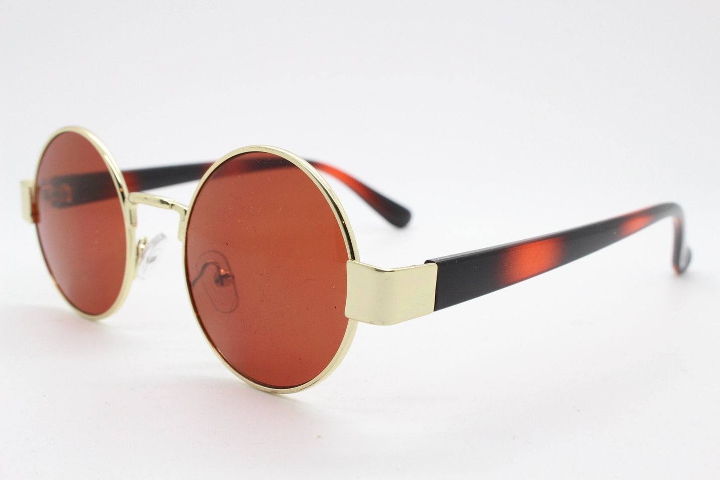 90s round vintage sunglasses. Gold 1920's style frame with tiger pattern arms and brown lenses. Unused. BNWT