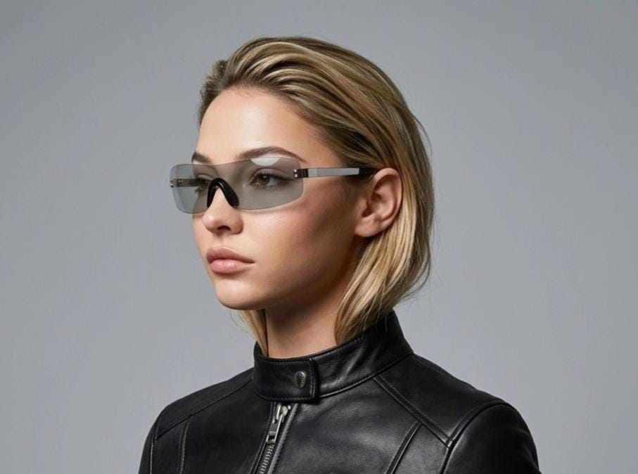 Y2k wraparound shield sunglasses. Grey curved monolens with straight chrome arms and light grey lenses. 00's Cosplay mini mask. NOS
