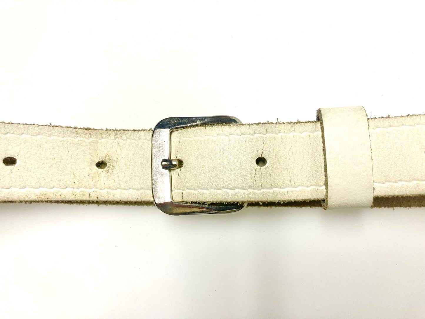 90s vintage thick genuine plain white leather 1" jeans / trousers belt in satin finish with suede back and simple silver steel buckle