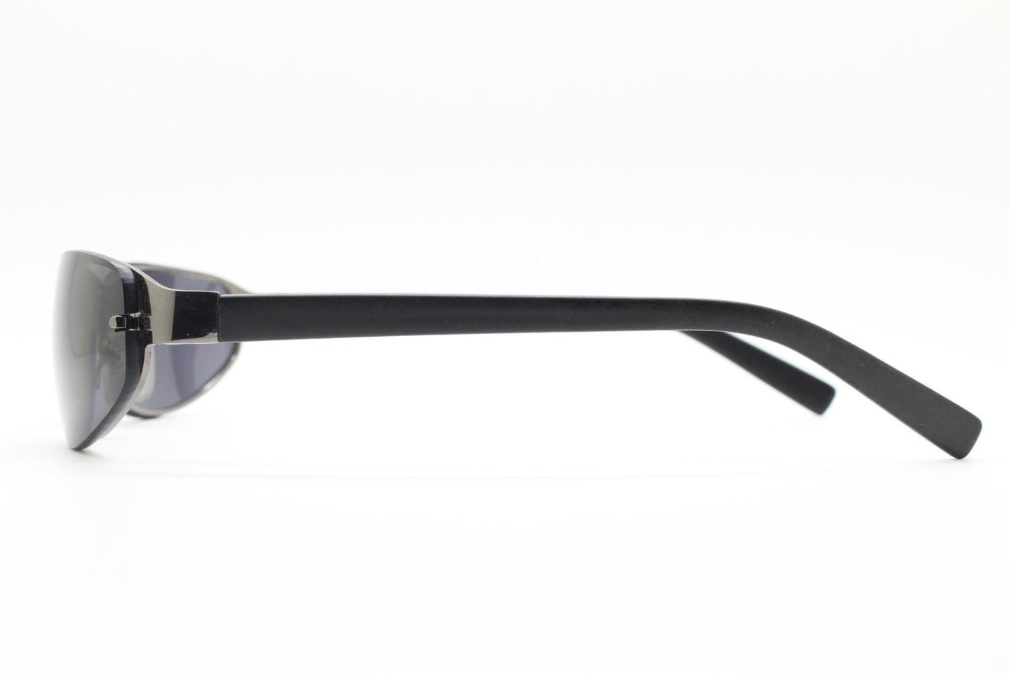 Y2K vintage small bug eye oval sunglasses. Gunmetal grey chrome metal frame with curved bug eye lenses and matt black arms. 2000's NOS