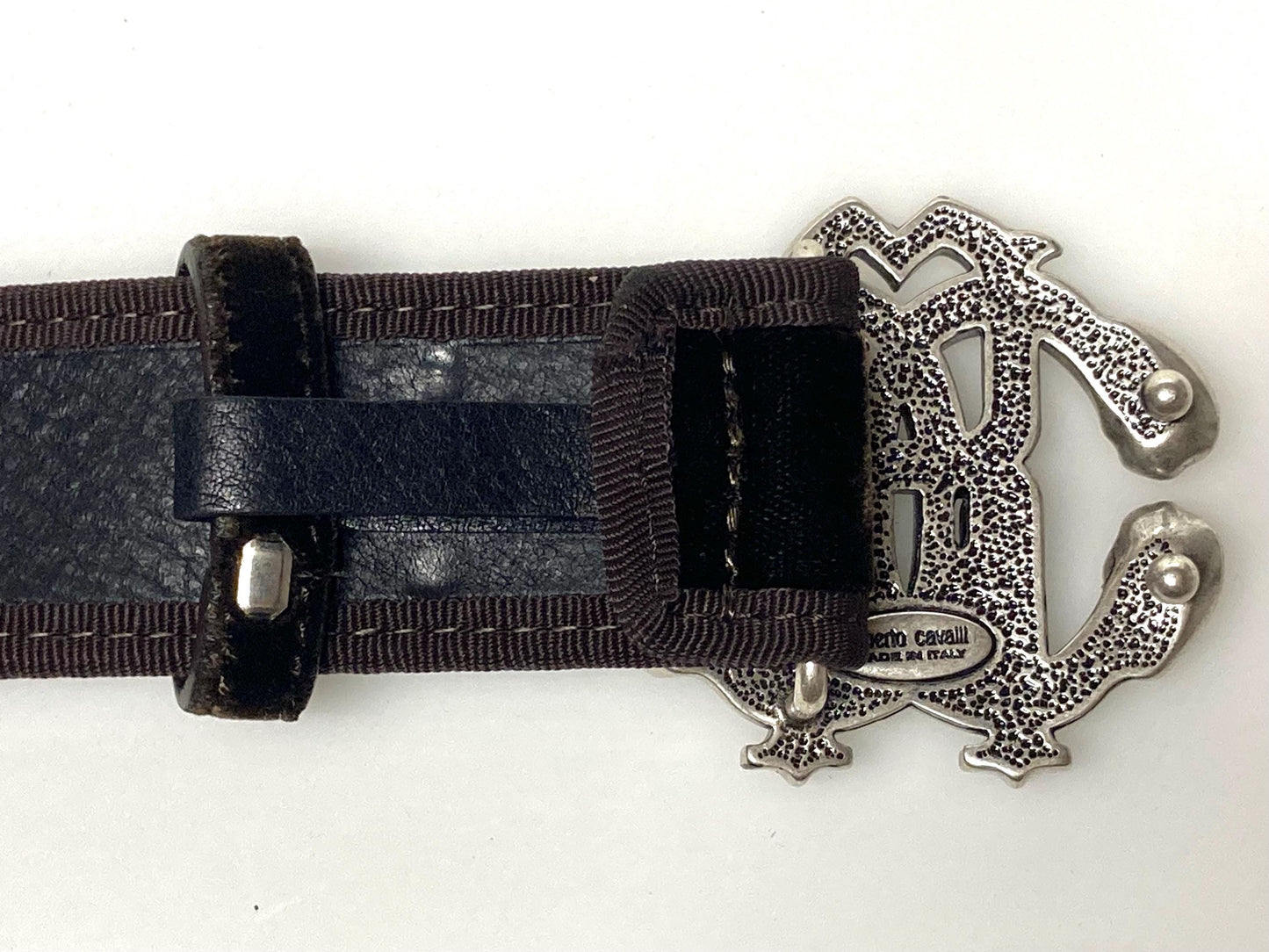 Roberto Cavalli Y2K vintage belt. Brown velvet with tape edge, Logo 'shield' buckle and leather back. Made in Italy. Mens NOS with dust bag
