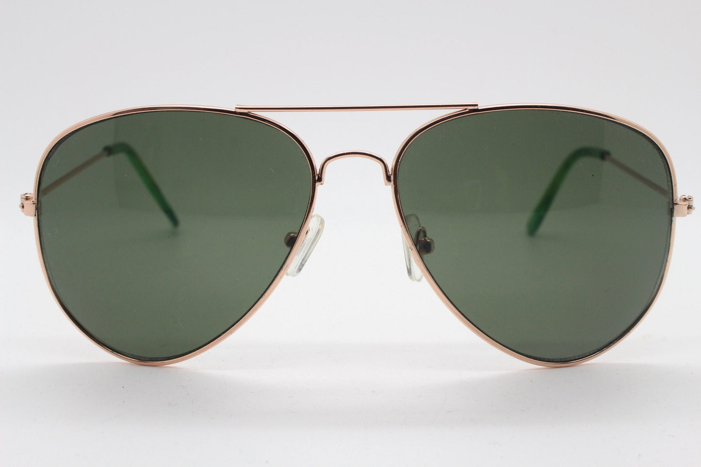 90s vintage aviator sunglasses. Optimal shape classic pilot aviators in rose gold frame with green lenses. Teardrop, NOS