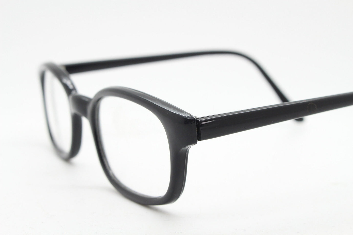 80s vintage low profile wayfarer style glasses. Black acetate optical frames with clear lenses. Prescription eyeglasses. RX Spectacles. NOS