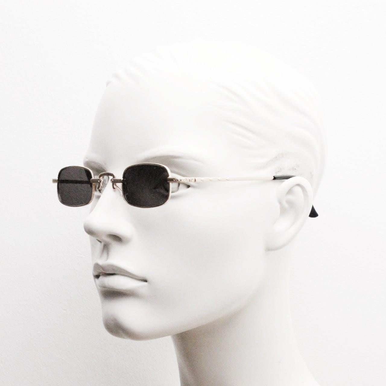 90s vintage small rectangular sunglasses. Imposing minimal gold metal victorian style frame with black lenses. Steampunk. Unused BNWT