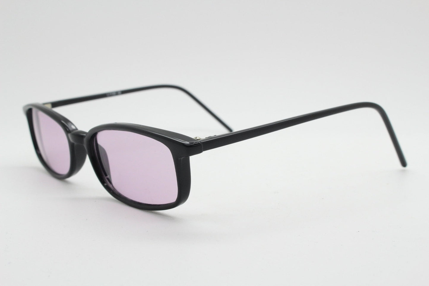 90s vintage rectangular sunglasses. Slim low profile black gloss frame with extra light tone lilac purple lenses. Y2K 2000s. BNWT Unused NOS