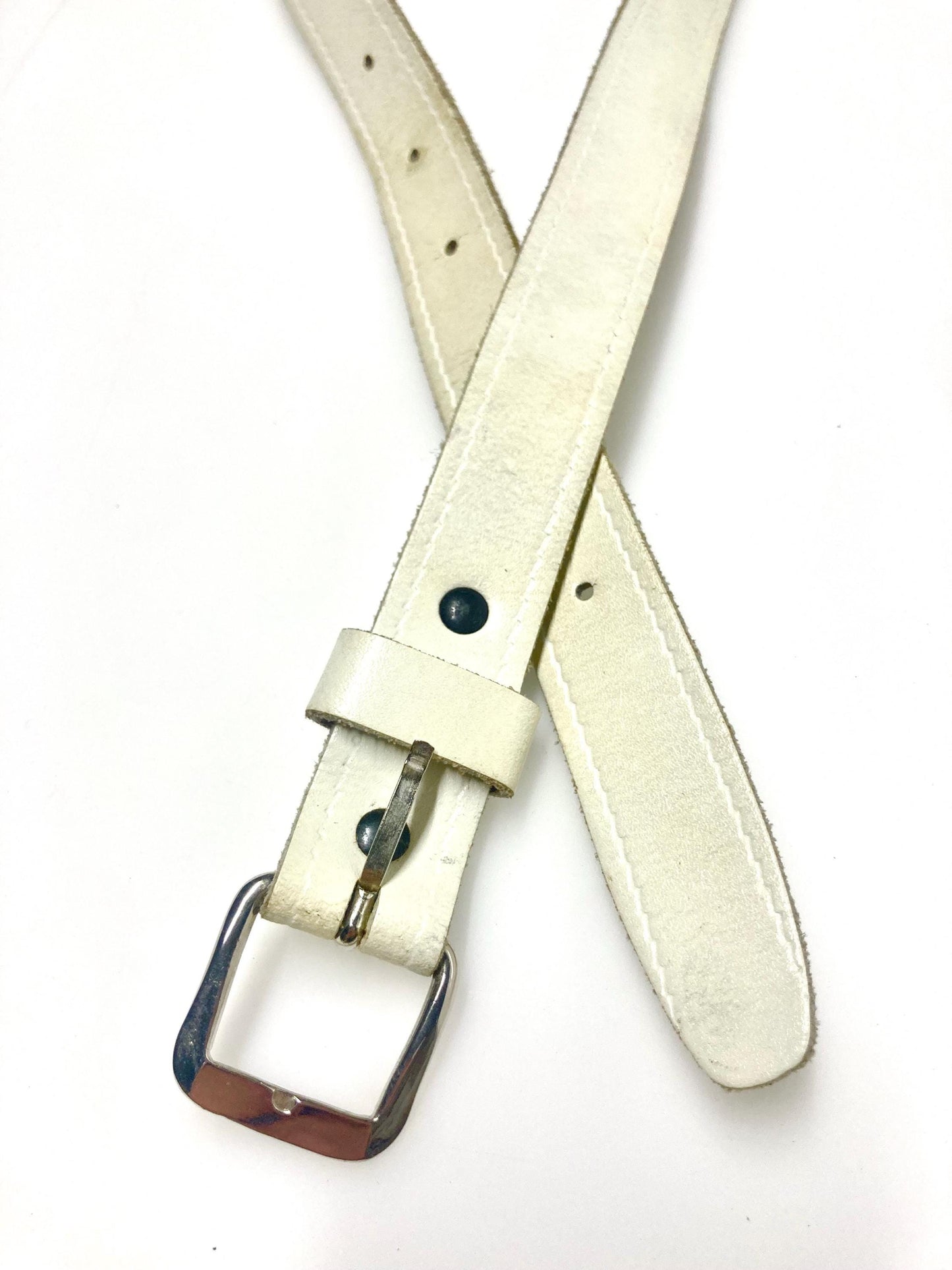 90s vintage thick genuine plain white leather 1" jeans / trousers belt in satin finish with suede back and simple silver steel buckle